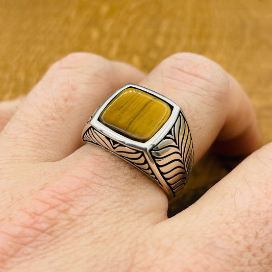 925 Sterling Silver Ring, Men's Ring, Tiger Eye Men's Ring, Ottoman Style Ring, Brown Tiger Eye Rings, Handmade Silver Ring, Statement Men's Ring, Gift For Him