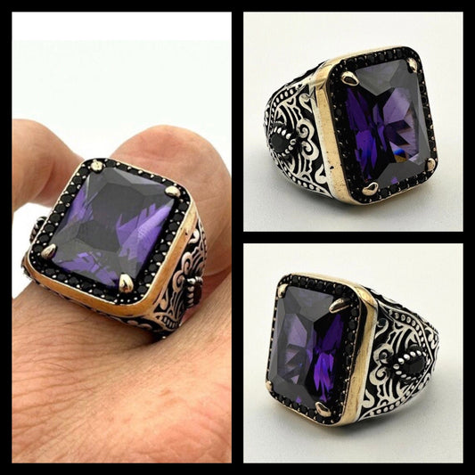 Amethyst Ring, 925 Sterling Silver Ring, Amethyst Men's Ring, Square Cut Amethyst Ring, Ottoman Men Ring, Vintage Midcentury Jewelry